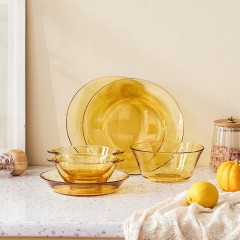 康宁 琥珀色餐具晶灿系列6件组A 双耳碗400ml 深盘520ml  平盘300ml CW-CJ-6AB04H-KZ
