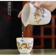 羊脂玉瓷祥龙纳福10件套组  盖碗+公道杯+茶漏组+茶杯+茶叶