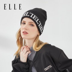 ELLE帽子女冬季保暖包头护耳毛线帽法式优雅百搭显脸小撞色刺绣针织帽