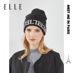 ELLE帽子女冬季保暖包头护耳毛线帽法式优雅百搭显脸小撞色刺绣针织帽