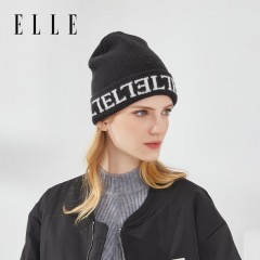 ELLE帽子女冬季保暖包头护耳毛线帽法式优雅百搭显脸小撞色刺绣针织帽