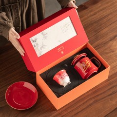 宏裕 福禄寿喜财2号冰花主人杯杯垫兼水果盘办公杯+礼盒套装 JHY-CJ-218-2号
