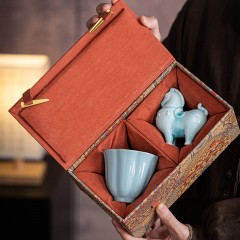 宏裕  驹影茶欢大号汝窑茶杯陶瓷摆件居家礼盒套装 HYXQ1080
