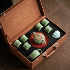 宏裕  10头豆绿龙鳞壶6杯1公道杯主人杯壶承即是水果盘皮盒套装 HYXQ1100