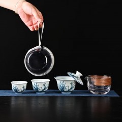 宏裕 青花盖碗圆型包2杯收纳快客茶具套装 JHY-CJ-179