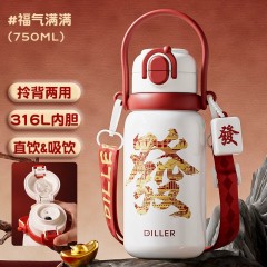 Diller迪乐贝尔 吸管直饮两用一路(發)保温杯 750ML D9421
