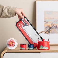 宏裕 国潮东方手画·江山6头提梁壶国花干泡盘礼盒套装 HYXQ1045