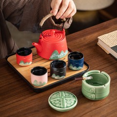 宏裕  一局茶烟手画江山7头提梁壶4杯烟灰缸茶盘便携套装 JHY-CJ-215