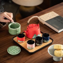宏裕  一局茶烟手画江山7头提梁壶4杯烟灰缸茶盘便携套装 JHY-CJ-215