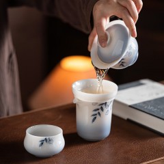 宏裕  璞玉手绘叶蓝承祥10头三才盖碗6杯礼盒套装 JHY-CJ-191