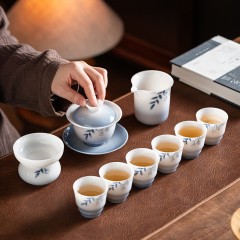 宏裕  璞玉手绘叶蓝承祥10头三才盖碗6杯礼盒套装 JHY-CJ-191