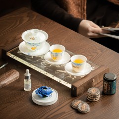 宏裕  非遗匠人手绘冰种头福禄三才盖碗2杯6小饼茶罐陶瓷花香薰干泡盘礼盒套装 HYXQ1106