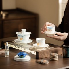 宏裕  非遗匠人手绘冰种头福禄三才盖碗2杯6小饼茶罐陶瓷花香薰干泡盘礼盒套装 HYXQ1106