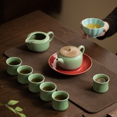 宏裕  10头豆绿龙鳞壶6杯1公道杯主人杯壶承即是水果盘皮盒套装 HYXQ1100