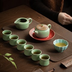 宏裕  10头豆绿龙鳞壶6杯1公道杯主人杯壶承即是水果盘皮盒套装 HYXQ1100