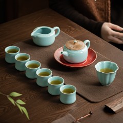 宏裕  10头天青龙鳞壶6杯1公道杯主人杯壶承即是水果盘皮盒套装 HYXQ1101