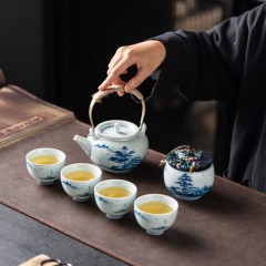 宏裕 山水山间6头纯手绘提梁壶4杯茶叶罐礼盒套装 JHY-CJ-205