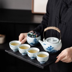宏裕 山水山间6头纯手绘提梁壶4杯茶叶罐礼盒套装 JHY-CJ-205