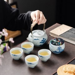 宏裕 山水山间6头纯手绘提梁壶4杯茶叶罐礼盒套装 JHY-CJ-205