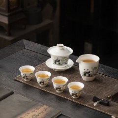 宏裕  熊猫羊脂玉盖碗4杯礼盒套装 JHY-CJ-181  6头